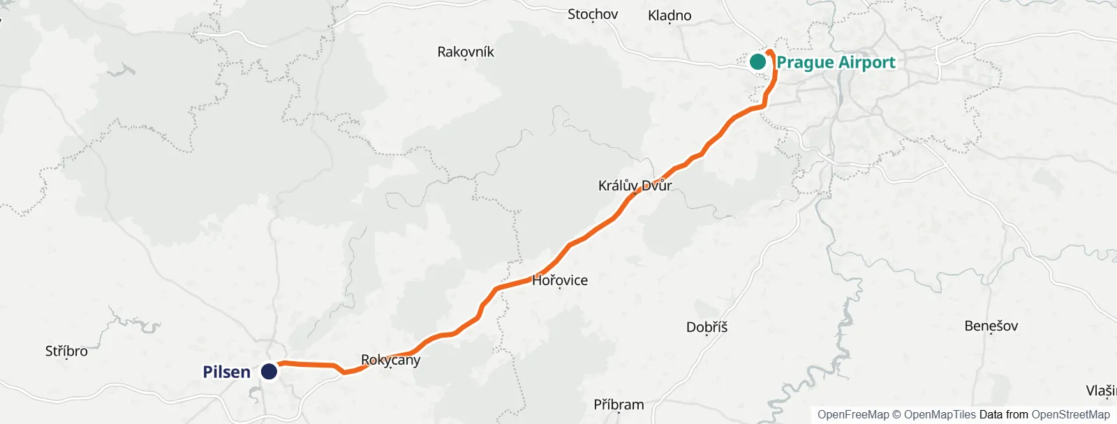 Route map: Prague Airport – Pilsen
